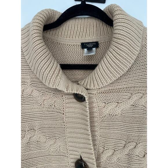 Talbots Sweater Tan Chunky Cable Knit Cardigan Short Sleeve Fisherman Size LP - Picture 4 of 8
